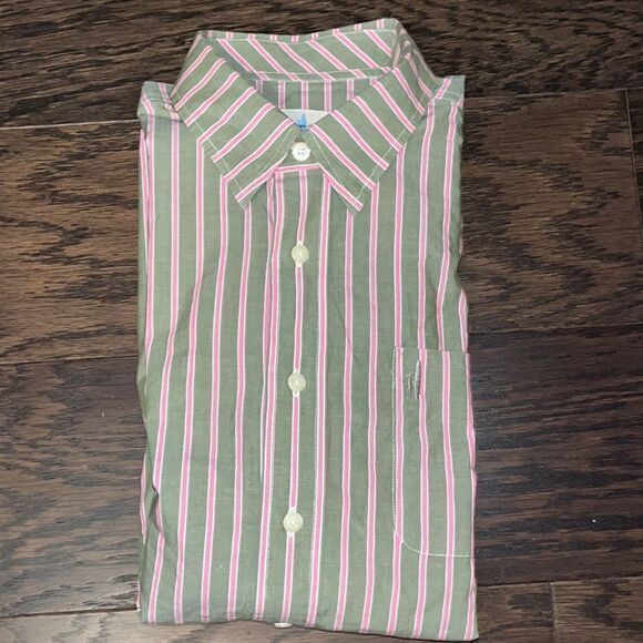 Johnnie-O Mens Olive Green Pink Stripe Button Down Hanging out Shirt LS - Picture 8 of 8